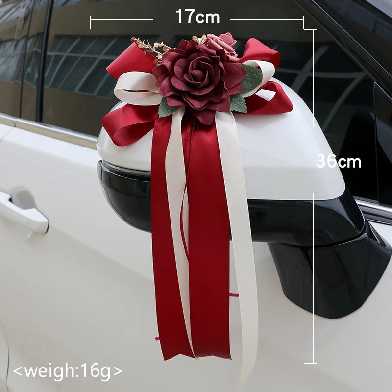 Décorations Florales Voiture Mariage 6 Pièces Poignées Rétroviseurs - Blanc/Rose