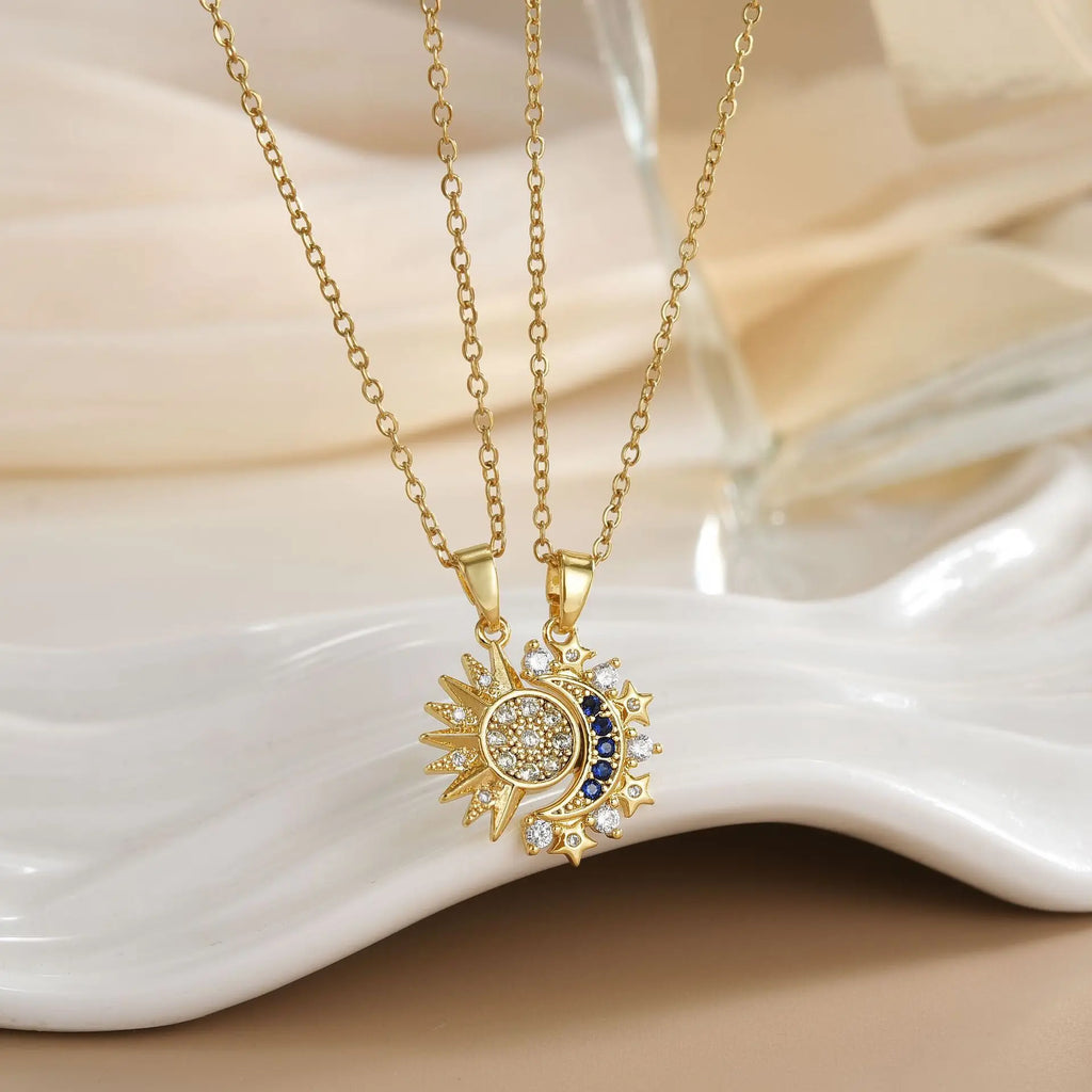 Collier Couple Magnétique Lune et Soleil - Bijou Saint-Valentin Acier Inoxydable