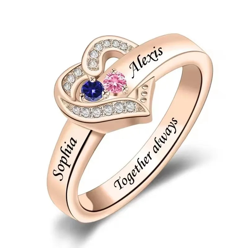 Bague Cœur Personnalisée Pierres de Naissance - Gravure Prénom Zircone Cubique | 1-8 Pierres