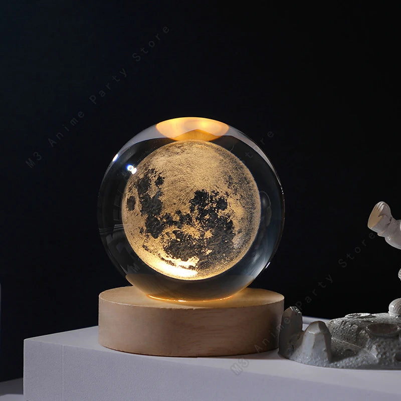 Boule Cristal 3D Lampe LED Galaxie Planètes Lune 5cm - Veilleuse Enfant