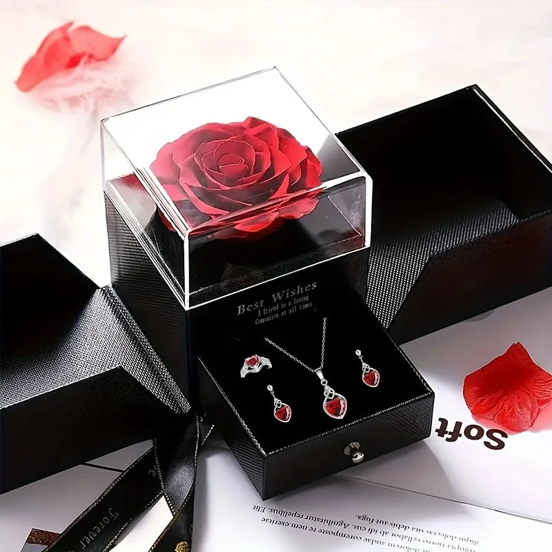 Coffret Cadeau Bijoux Cœur 4 Pièces avec Rose - Parure Complète Saint-Valentin