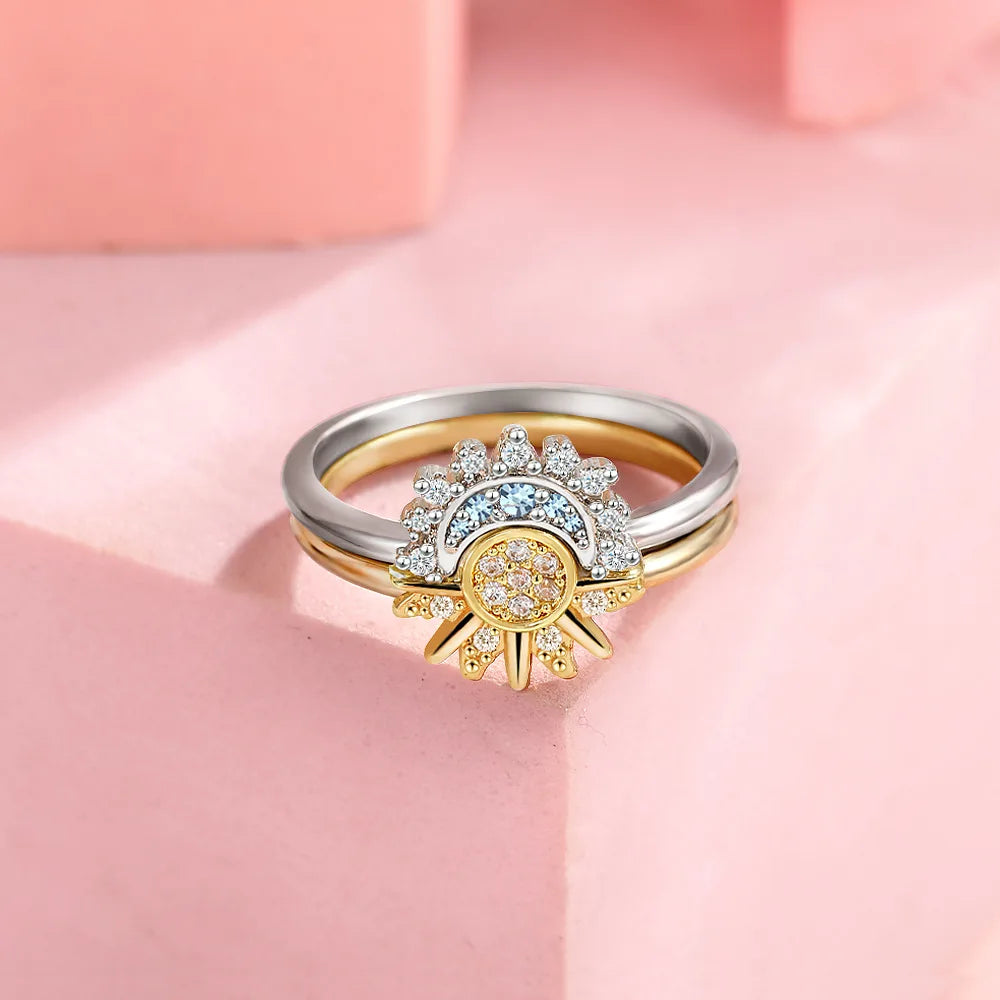 Set Bagues Couple Soleil & Lune Argent 925 - Zircone Cubique Bleu Ciel Bijou Promesse Saint-Valentin