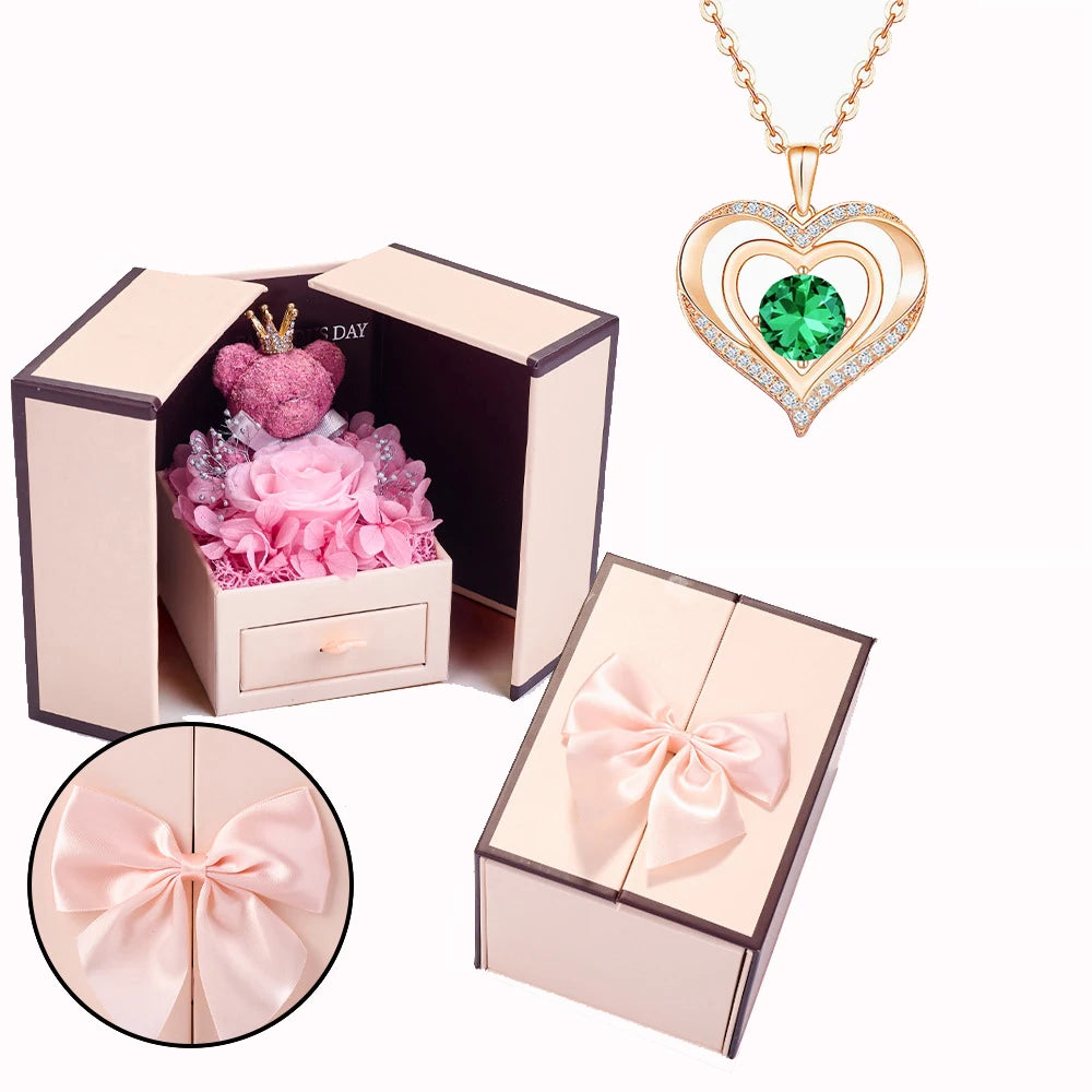 Collier Cœur avec Ourson et Rose - Coffret Cadeau Saint-Valentin