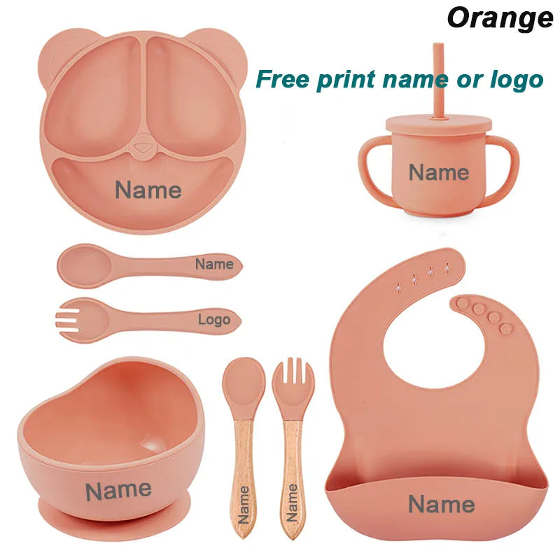 Set Vaisselle Silicone Bébé Personnalisé 8 Pièces - Assiette Bol Tasse Bavoir Prénom
