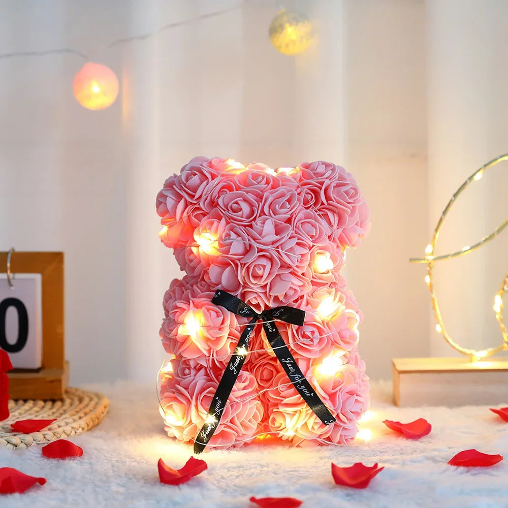 Ours en Peluche Roses Éternelles 25cm avec Boîte Cadeau - Saint-Valentin