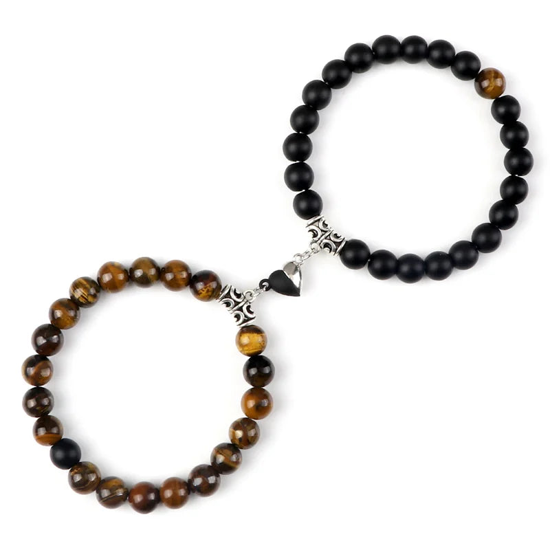 Bracelet Couple Yin Yang Magnétique 2pcs - Pierres Naturelles 8mm Cœur Aimant Bijou Amitié Saint-Valentin