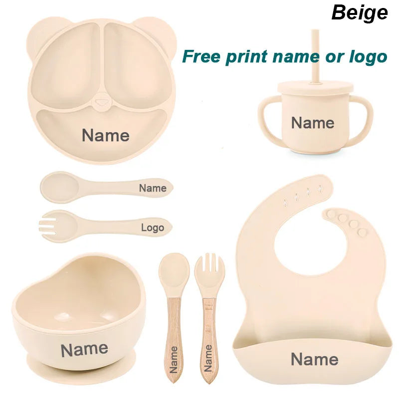 Set Vaisselle Silicone Bébé Personnalisé 8 Pièces - Assiette Bol Tasse Bavoir Prénom