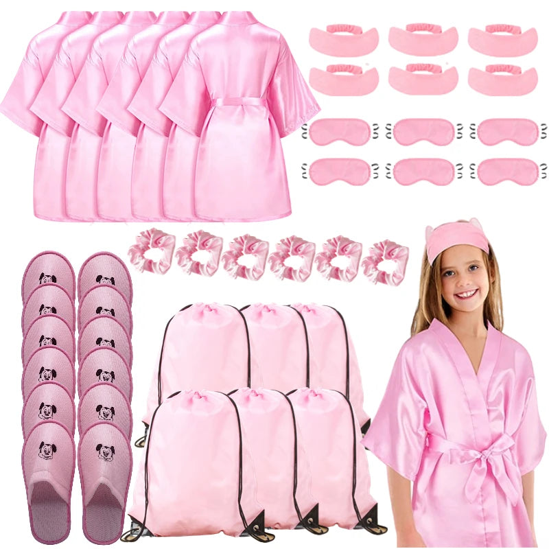 Set Spa Party Filles 6 Pièces - Peignoirs Satin Chaussons Sac Cadeau