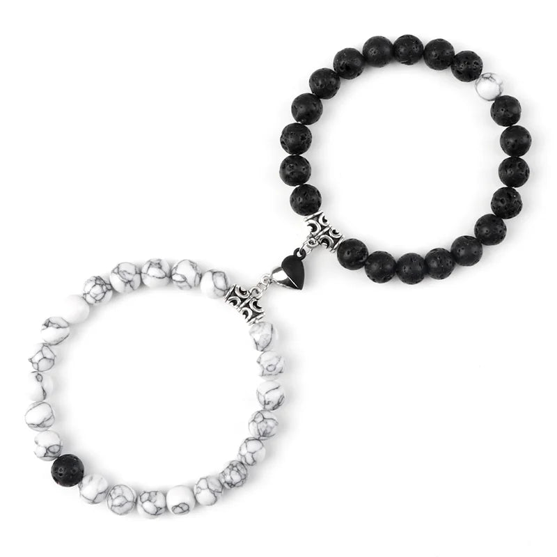 Bracelet Couple Yin Yang Magnétique 2pcs - Pierres Naturelles 8mm Cœur Aimant Bijou Amitié Saint-Valentin