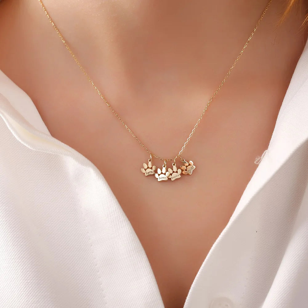Collier Personnalisé Multi-Prénoms Animaux Pattes Gravé Acier Inoxydable - Cadeau