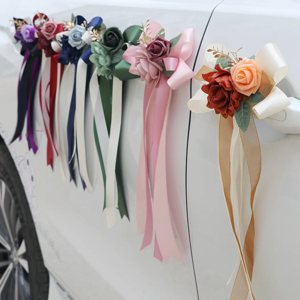 Décorations Florales Voiture Mariage 6 Pièces Poignées Rétroviseurs - Blanc/Rose