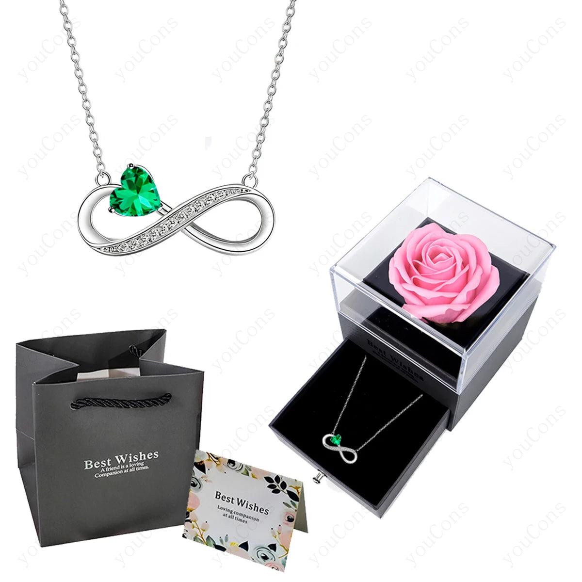 Collier Cœur Rose Luxe avec Boîte de Roses - Pendentif Zircon Saint-Valentin Mariage Cadeau Femme
