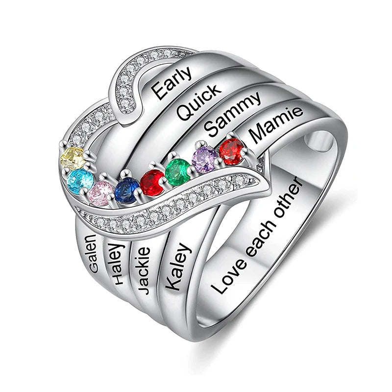 Bague Cœur Personnalisée Pierres de Naissance - Gravure Prénom Zircone Cubique | 1-8 Pierres