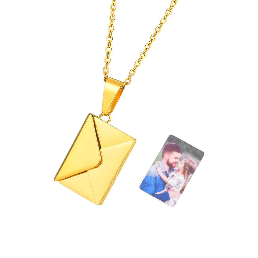 Collier Médaillon Photo Enveloppe Lettre d'Amour - Pendentif Personnalisé Femme