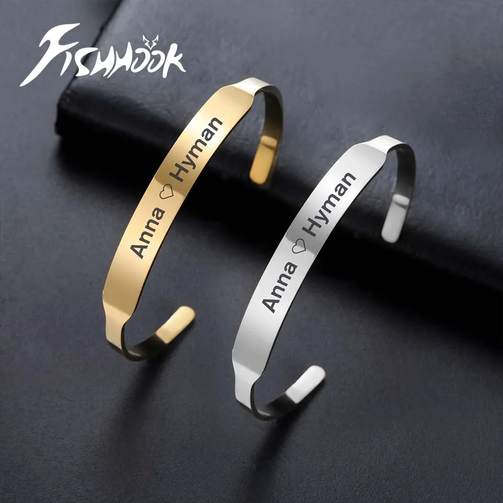 Bracelet Couple Acier Inoxydable Gravé Prénom - Jonc Personnalisé Or