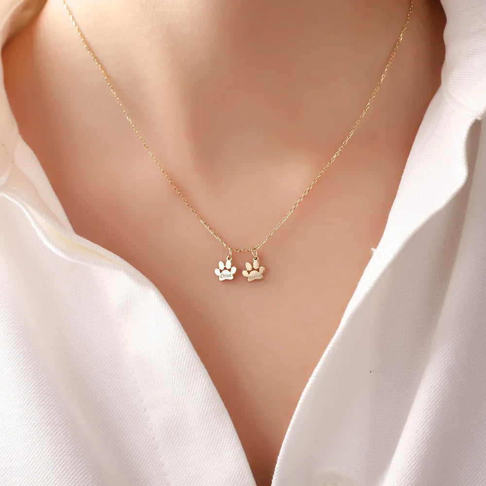 Collier Personnalisé Multi-Prénoms Animaux Pattes Gravé Acier Inoxydable - Cadeau