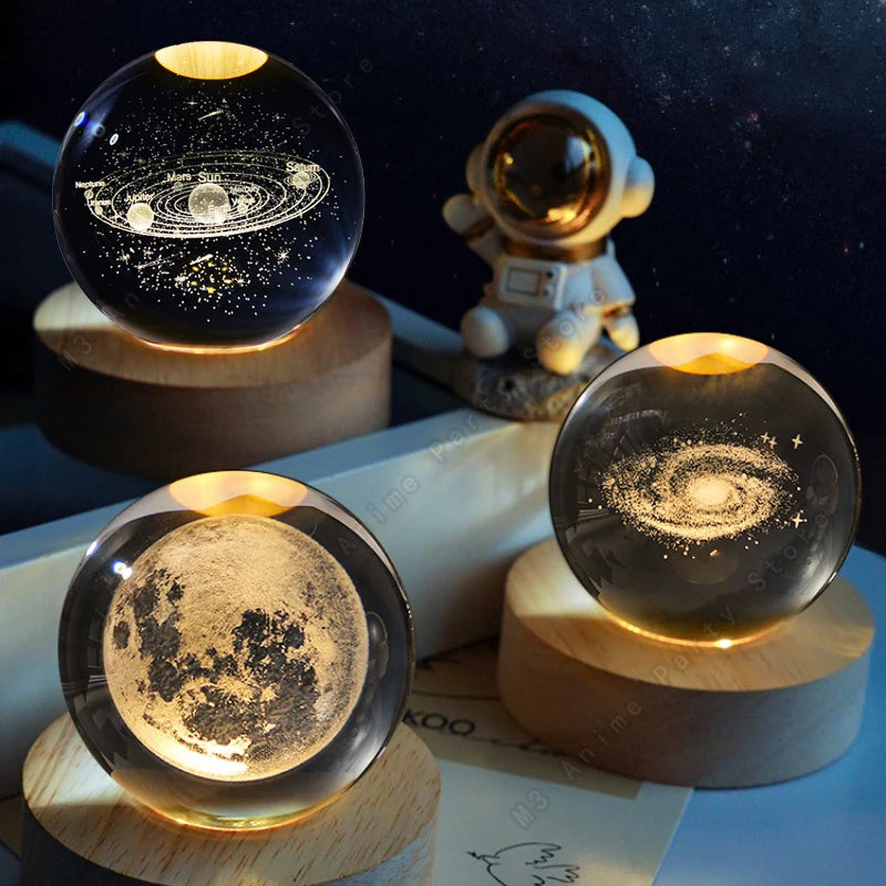Boule Cristal 3D Lampe LED Galaxie Planètes Lune 5cm - Veilleuse Enfant