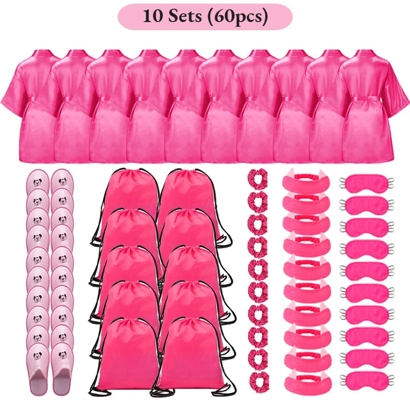 Set Spa Party Filles 6 Pièces - Peignoirs Satin Chaussons Sac Cadeau