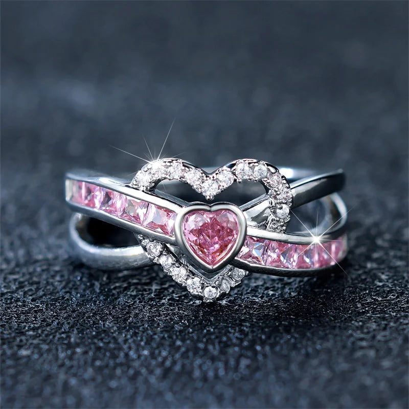 Bague Cœur Zircon Rose - Alliance Romantique Argentée