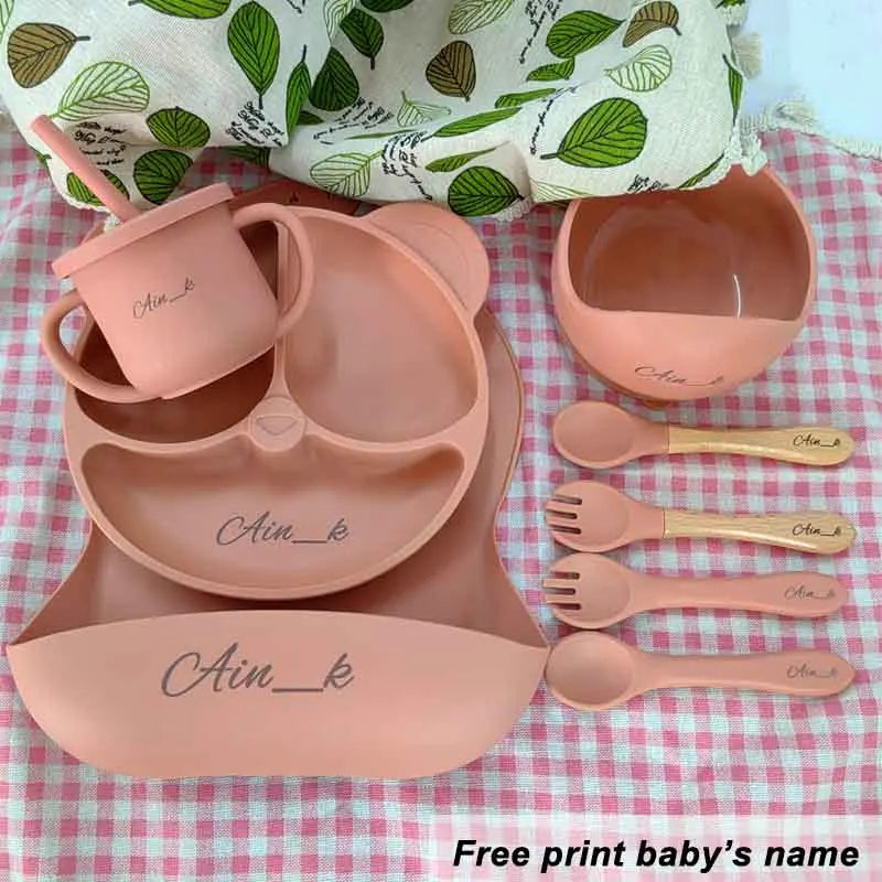 Set Vaisselle Silicone Bébé Personnalisé 8 Pièces - Assiette Bol Tasse Bavoir Prénom