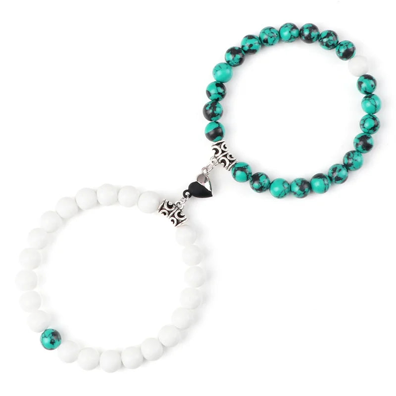 Bracelet Couple Yin Yang Magnétique 2pcs - Pierres Naturelles 8mm Cœur Aimant Bijou Amitié Saint-Valentin