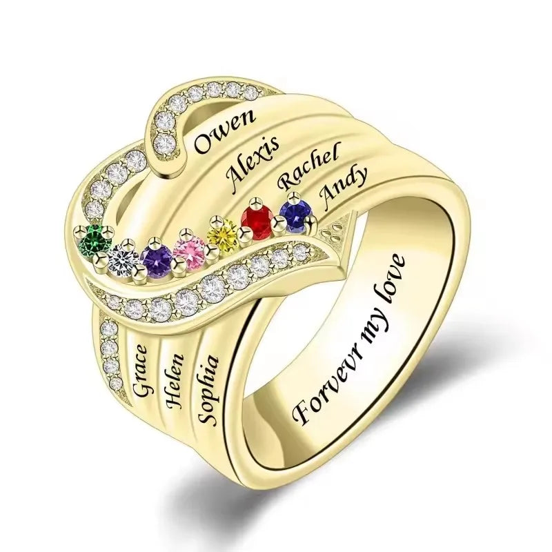 Bague Cœur Personnalisée Pierres de Naissance - Gravure Prénom Zircone Cubique | 1-8 Pierres