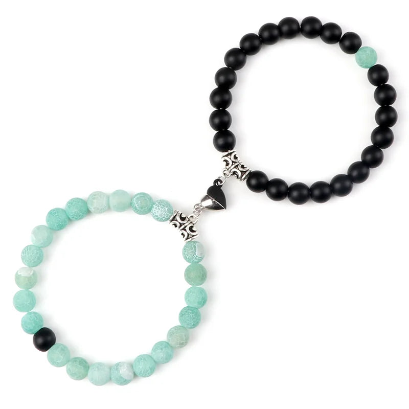Bracelet Couple Yin Yang Magnétique 2pcs - Pierres Naturelles 8mm Cœur Aimant Bijou Amitié Saint-Valentin