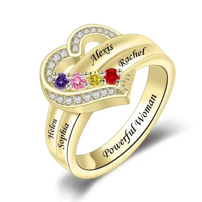 Bague Cœur Personnalisée Pierres de Naissance - Gravure Prénom Zircone Cubique | 1-8 Pierres