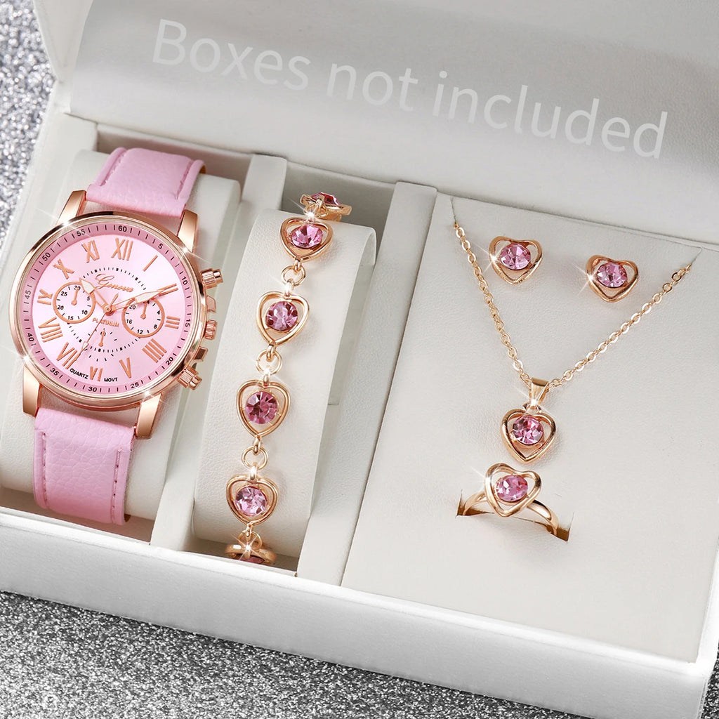 Coffret Montre Femme Quartz & Bijoux Cœur - Set 5/6 Pièces