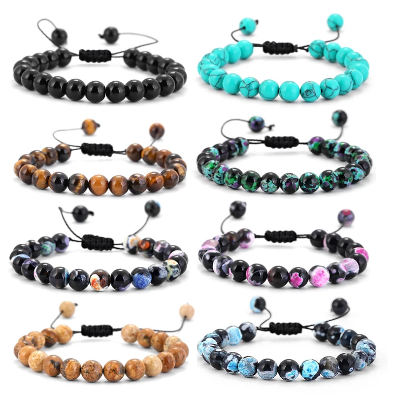 Bracelet Pierre de Lave et Œil de Tigre 8mm - Corde Tressée Ajustable Yoga Guérison Unisexe Bijou Spirituel