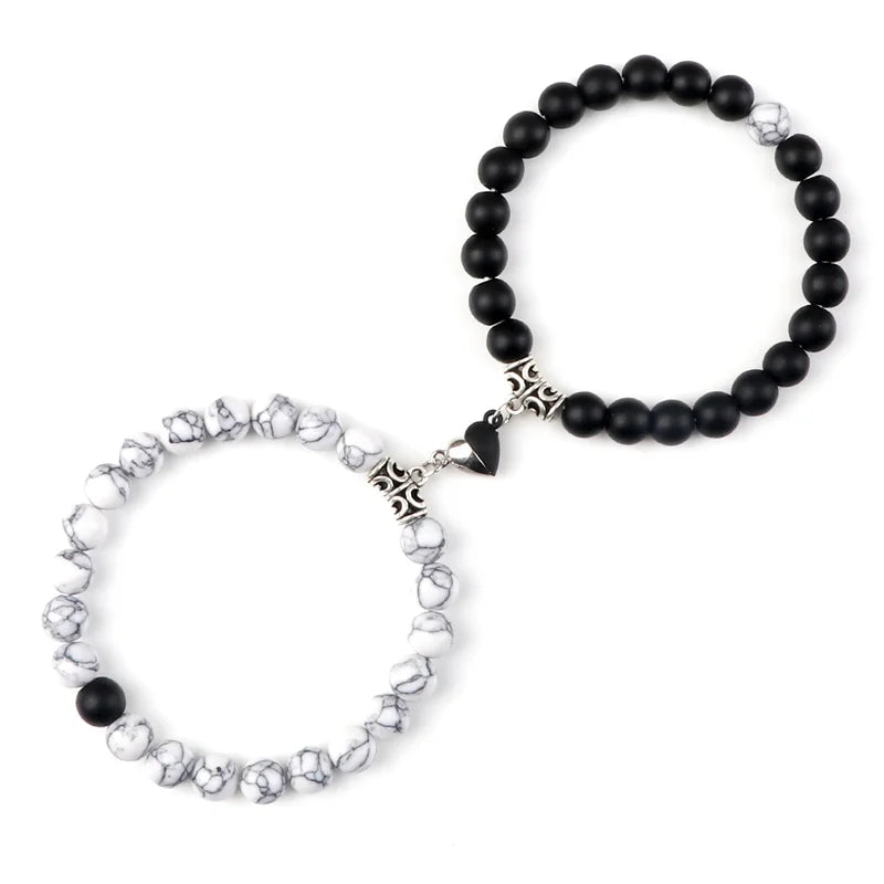 Bracelet Couple Yin Yang Magnétique 2pcs - Pierres Naturelles 8mm Cœur Aimant Bijou Amitié Saint-Valentin