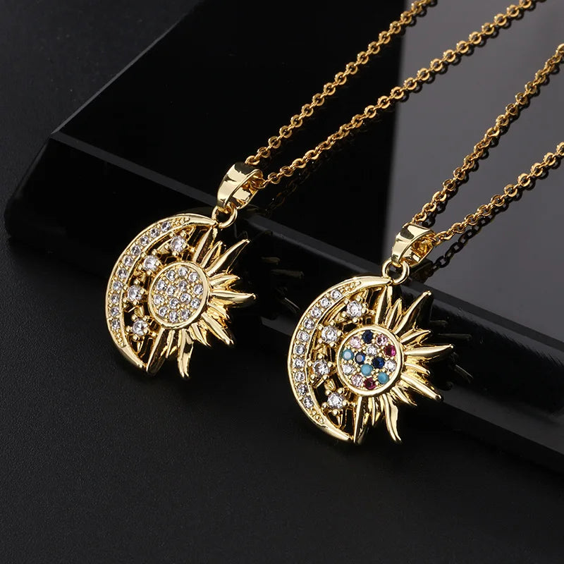 Collier Pendentif Soleil & Lune Acier Inoxydable - Zircone Cubique Luxe Bijou Femme Mariage Saint-Valentin