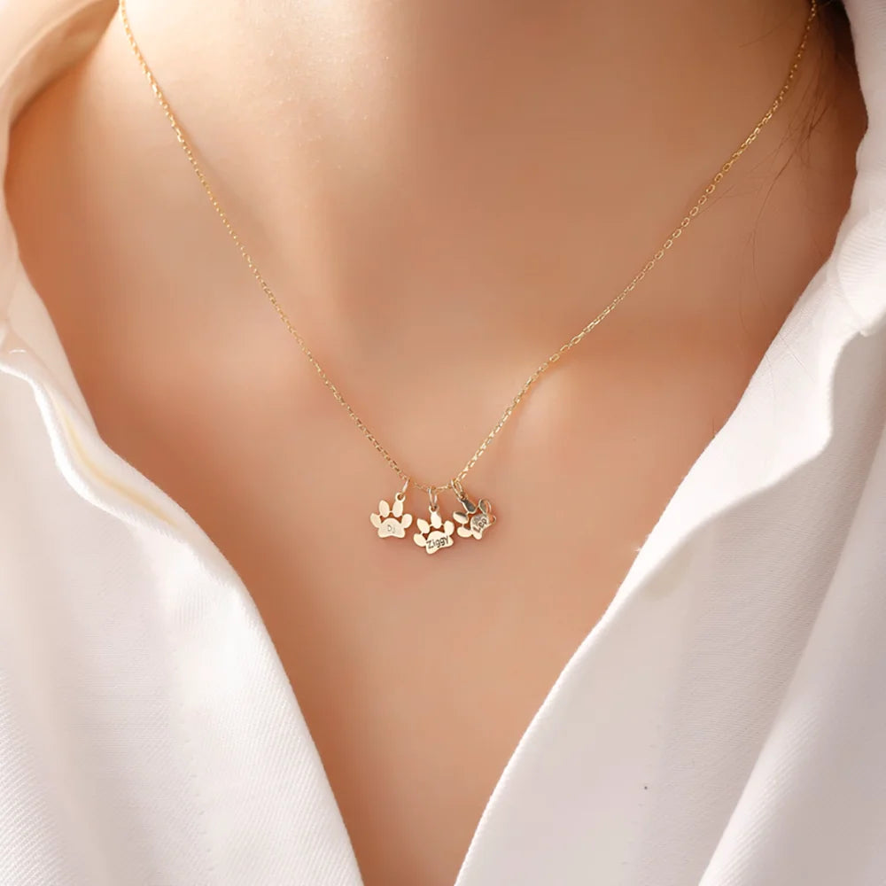 Collier Personnalisé Multi-Prénoms Animaux Pattes Gravé Acier Inoxydable - Cadeau