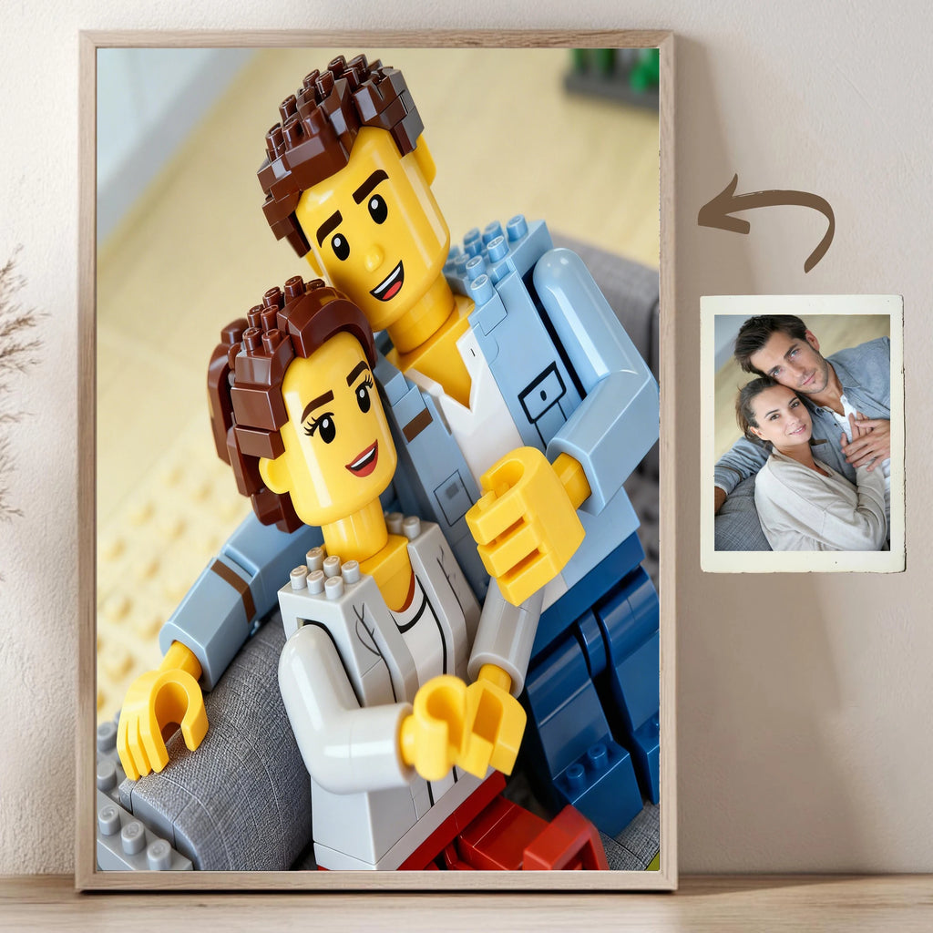 Portrait Cartoon Personnalisé Style LEGO Photo - Poster Mural Famille Couple Enfants Cadeau Unique
