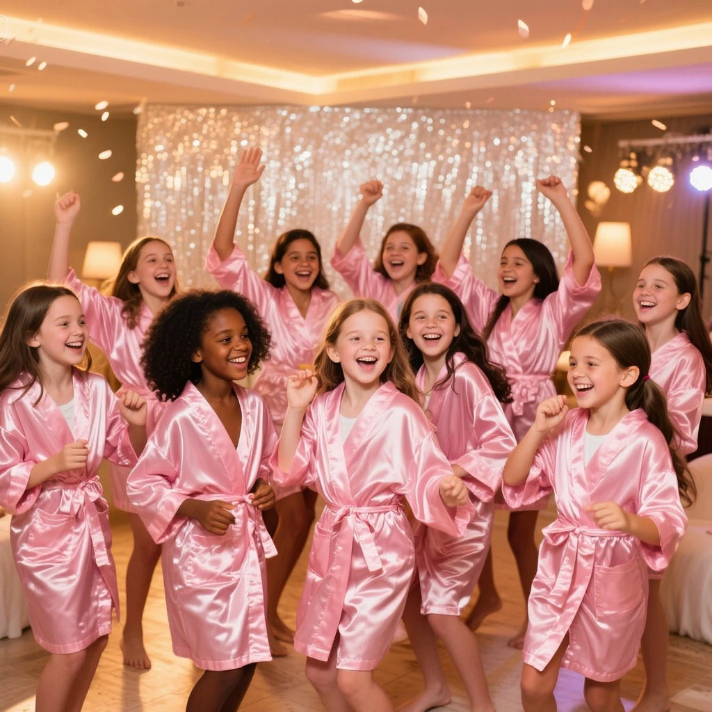Set Spa Party Filles 6 Pièces - Peignoirs Satin Chaussons Sac Cadeau