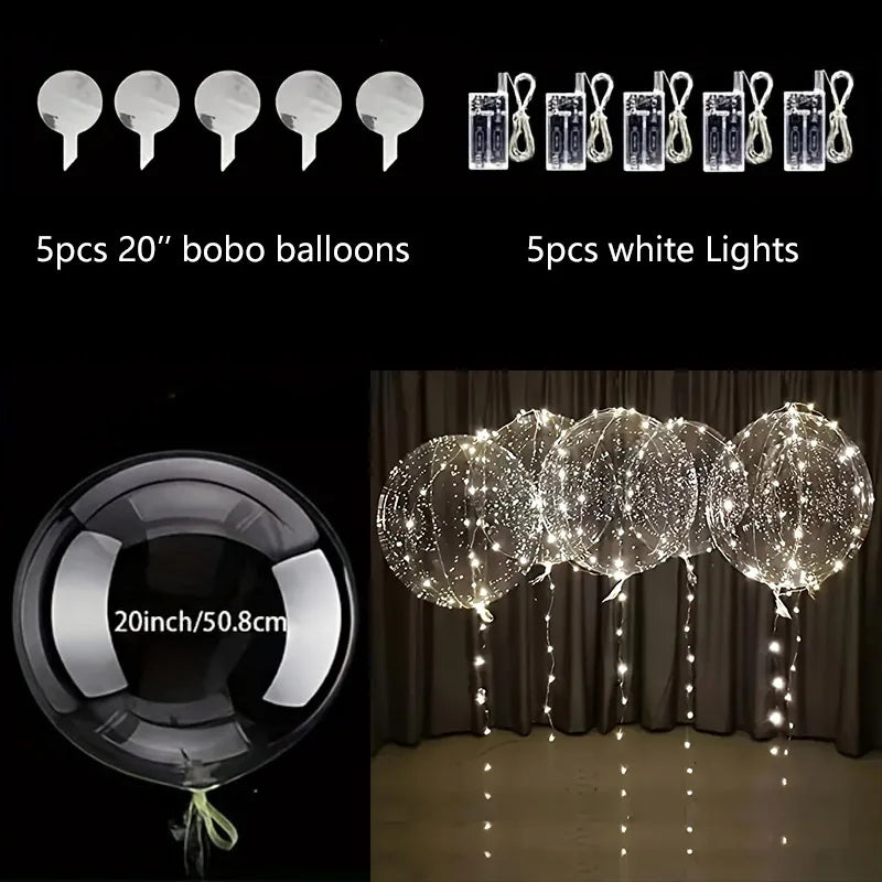 Ballons LED Bobo Transparents Lumineux 50cm Guirlande 3m - Lot 5 Pièces Décoration
