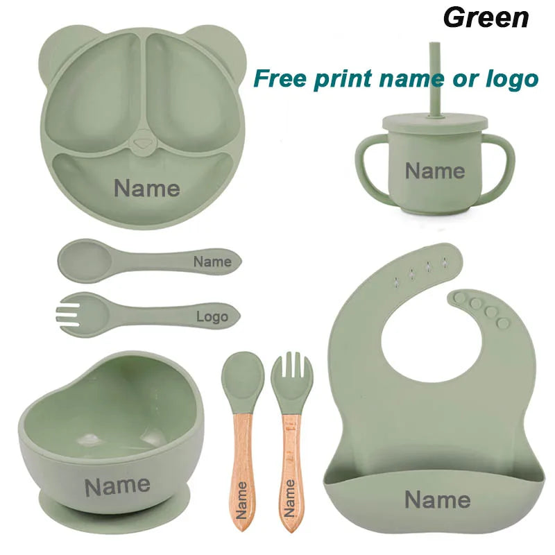 Set Vaisselle Silicone Bébé Personnalisé 8 Pièces - Assiette Bol Tasse Bavoir Prénom
