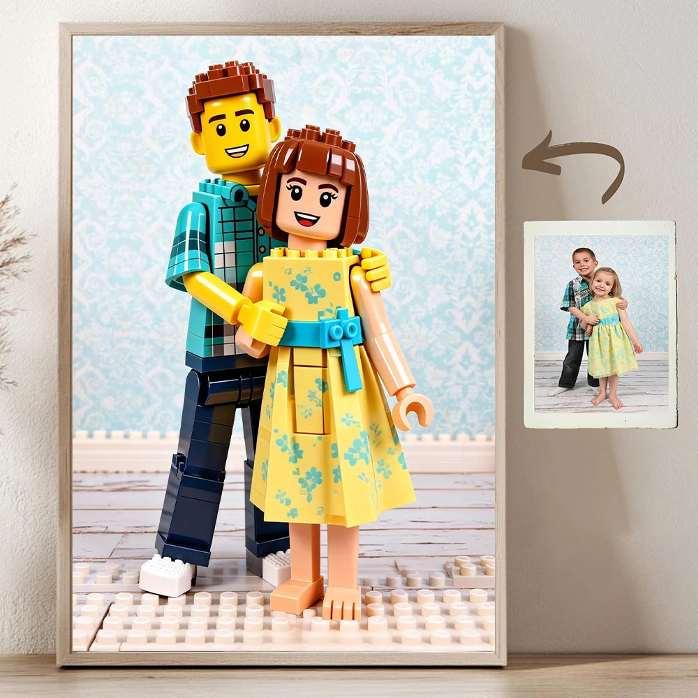 Portrait Cartoon Personnalisé Style LEGO Photo - Poster Mural Famille Couple Enfants Cadeau Unique