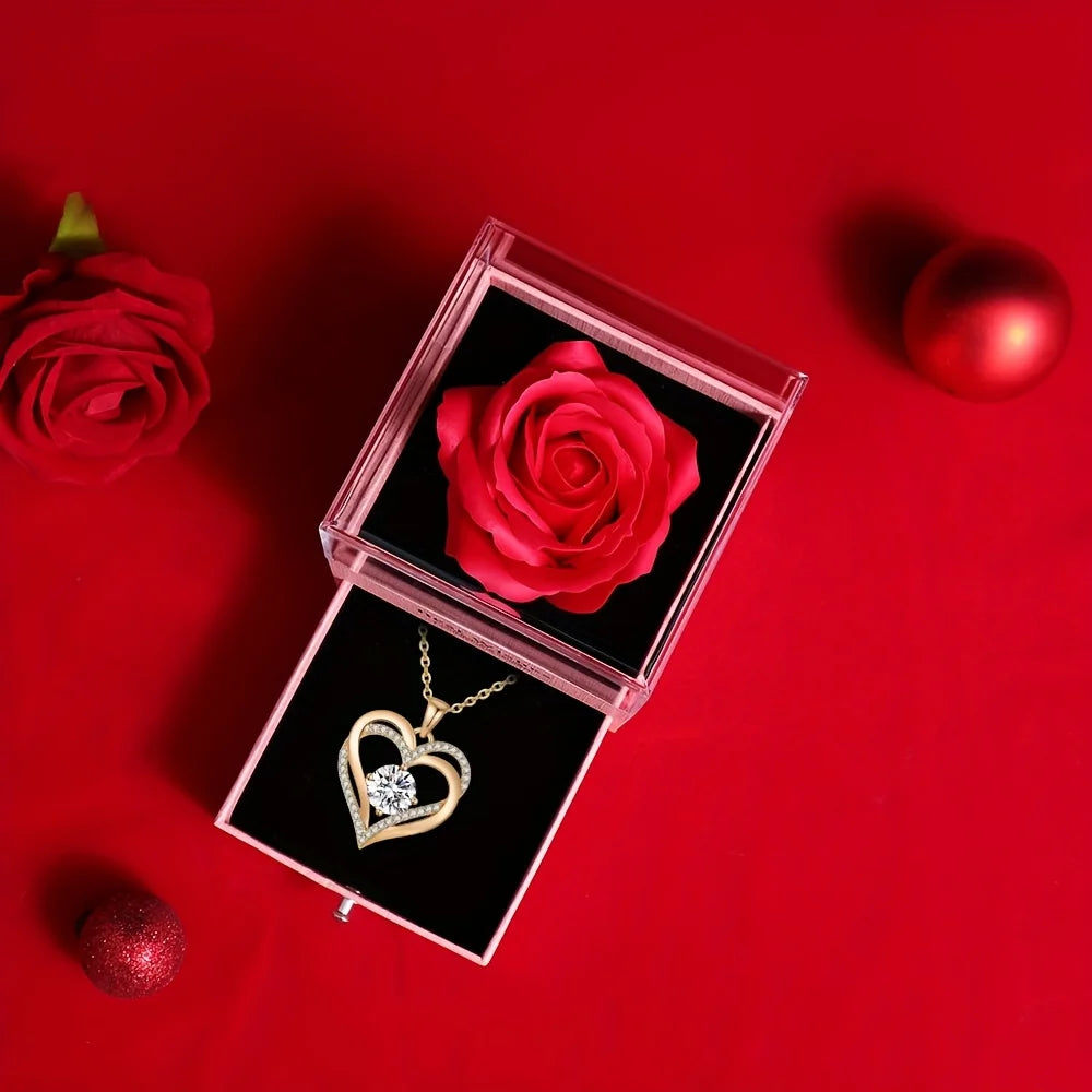Collier Pendentif Cœur Rouge avec Rose en Coffret Cadeau - Bijou Romantique Saint-Valentin