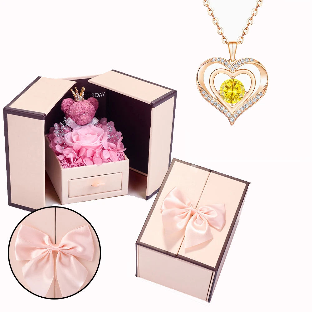 Collier Cœur avec Ourson et Rose - Coffret Cadeau Saint-Valentin