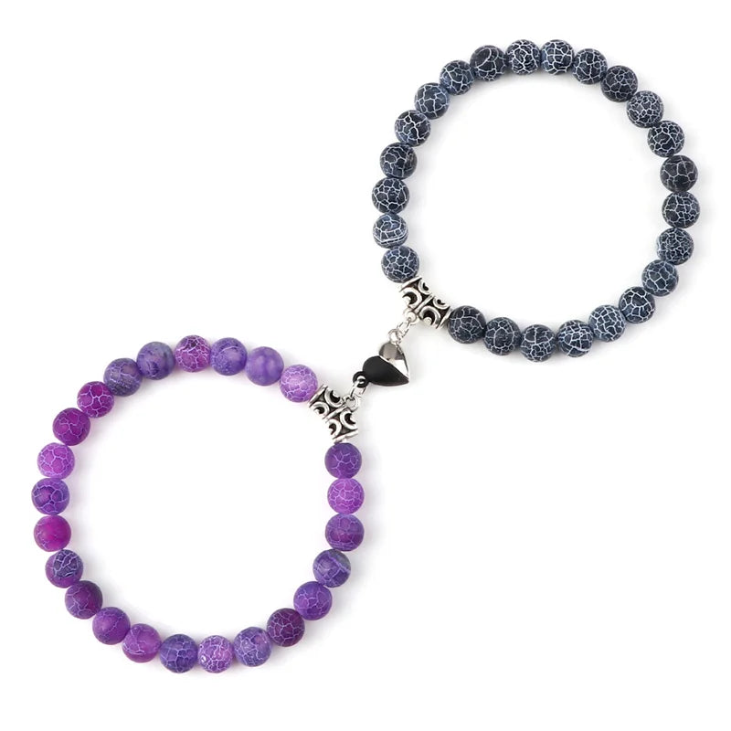 Bracelet Couple Yin Yang Magnétique 2pcs - Pierres Naturelles 8mm Cœur Aimant Bijou Amitié Saint-Valentin