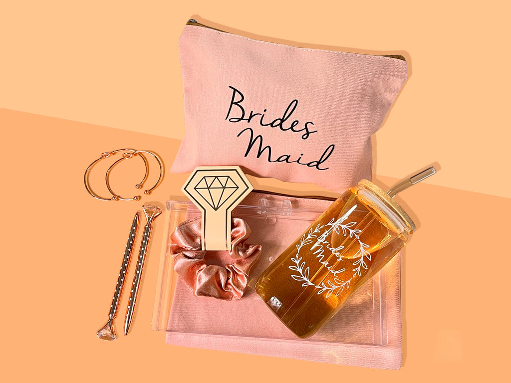 Coffret Cadeau Demoiselle d'Honneur 5 Pièces - Verre Trousse Bracelet Chouchou Stylo