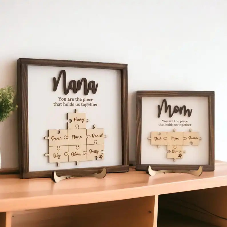 Plaque Puzzle Bois Personnalisée Fête des Mères - Prénoms Famille Gravés - Cadeau Maman Anniversaire