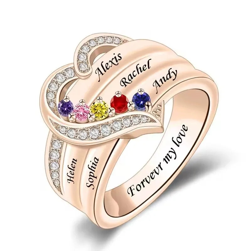 Bague Cœur Personnalisée Pierres de Naissance - Gravure Prénom Zircone Cubique | 1-8 Pierres