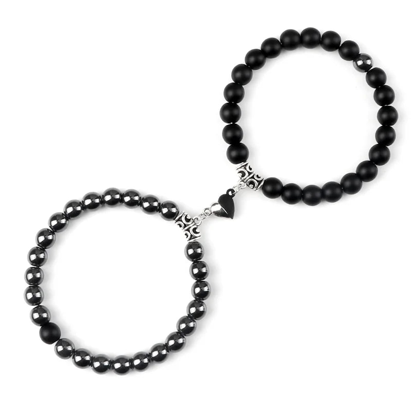 Bracelet Couple Yin Yang Magnétique 2pcs - Pierres Naturelles 8mm Cœur Aimant Bijou Amitié Saint-Valentin
