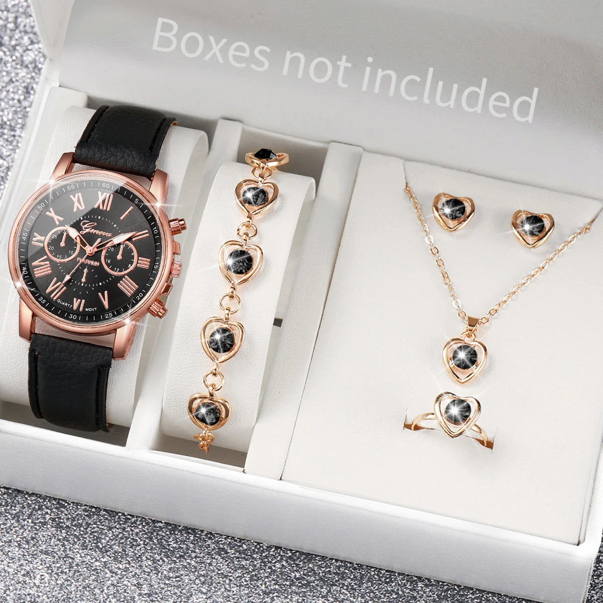 Coffret Montre Femme Quartz & Bijoux Cœur - Set 5/6 Pièces