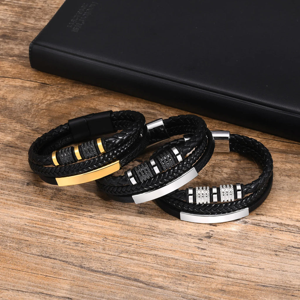 Bracelet Cuir Tressé Personnalisé Homme - Gravure Prénom Texte Triple Tressage Cuir PU Cadeau