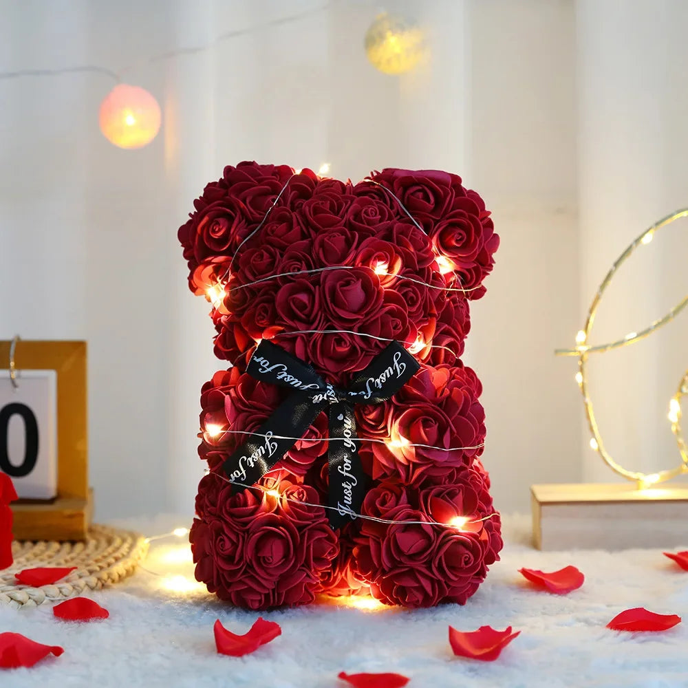 Ours en Peluche Roses Éternelles 25cm avec Boîte Cadeau - Saint-Valentin
