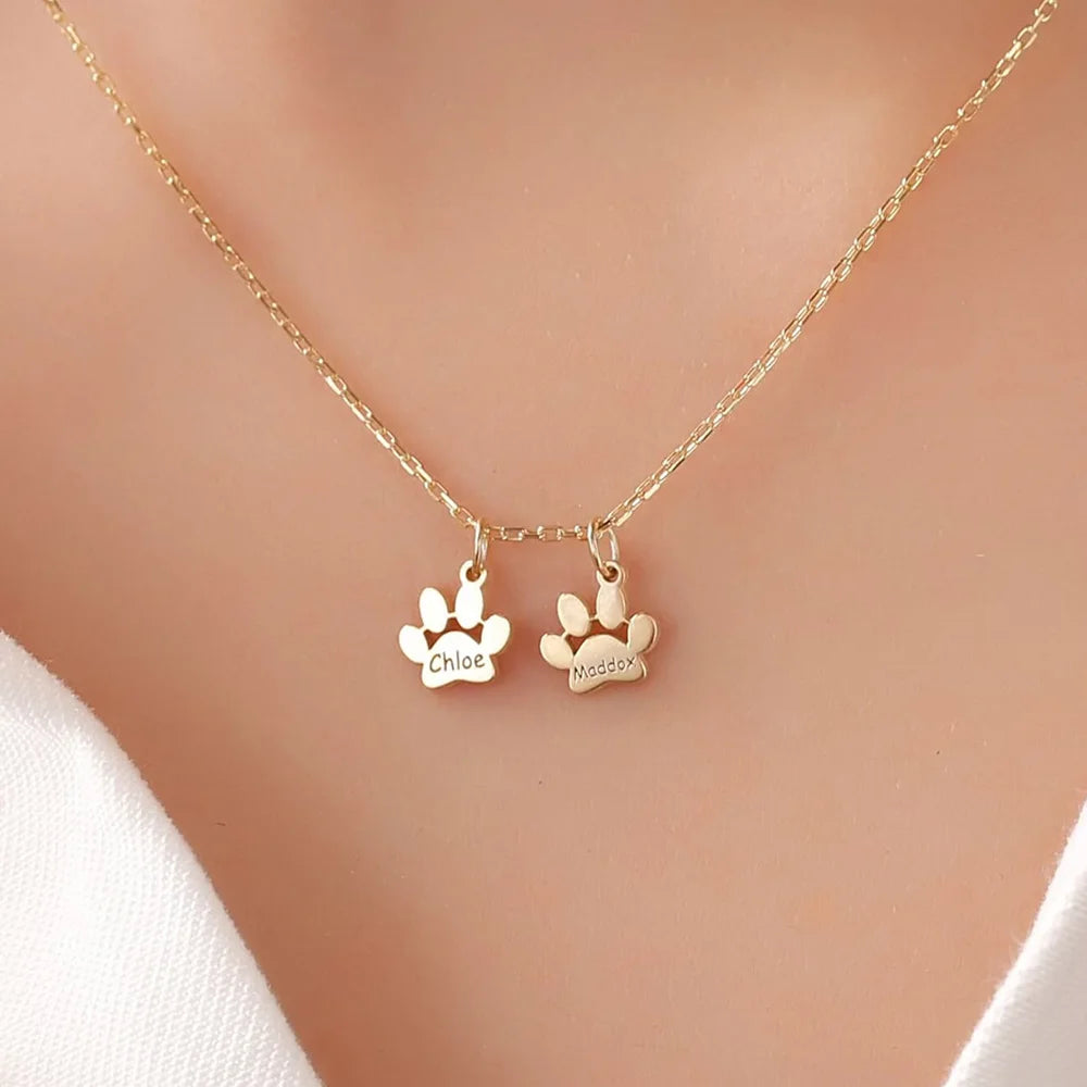 Collier Personnalisé Multi-Prénoms Animaux Pattes Gravé Acier Inoxydable - Cadeau