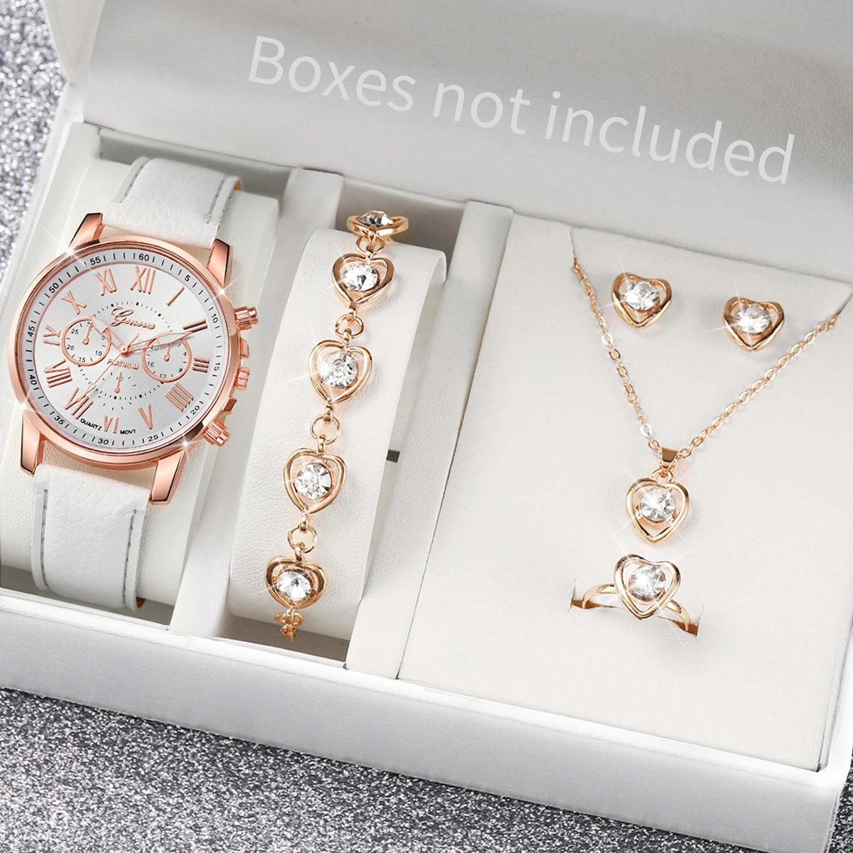 Coffret Montre Femme Quartz & Bijoux Cœur - Set 5/6 Pièces